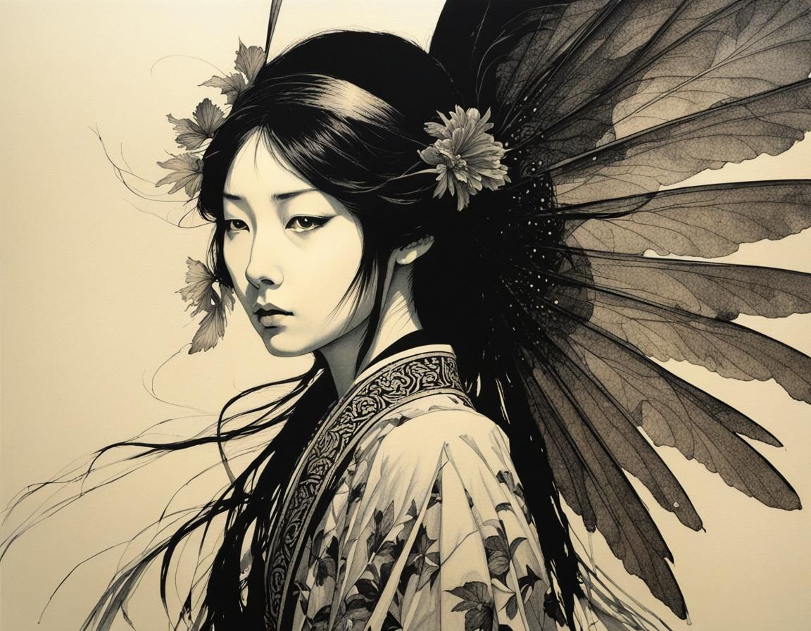 Asian Winged Fairy Portrait in Surrealist Ink Style