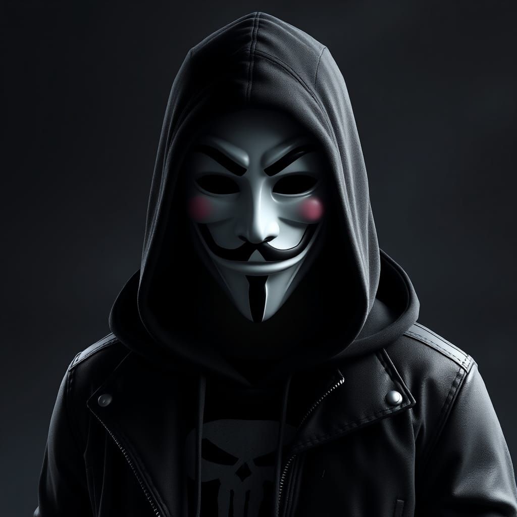 a dark, hooded figure, his face is a combination of a Guy Fawkes and The Punisher, the hoodie is a black cotton sweatshi...