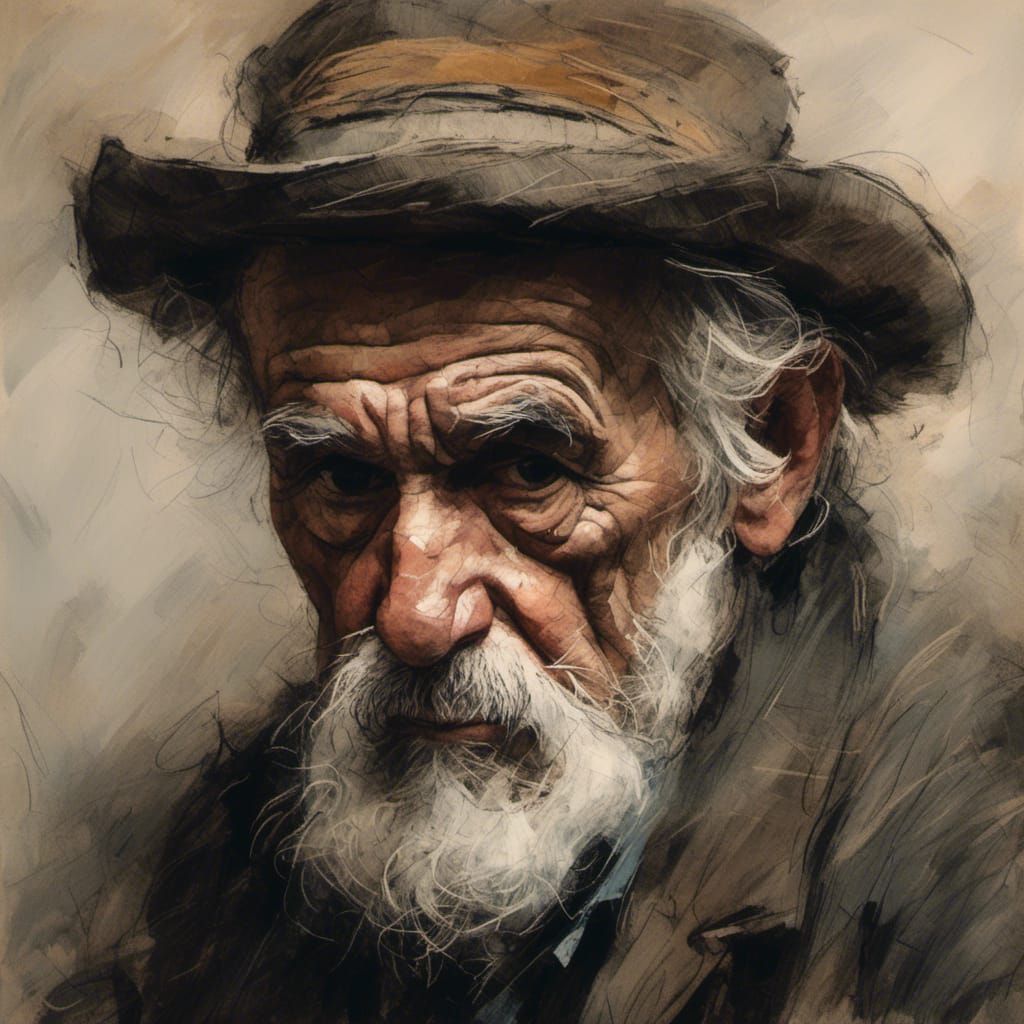 Melancholy Portrait of Old Man in Fisher Hat