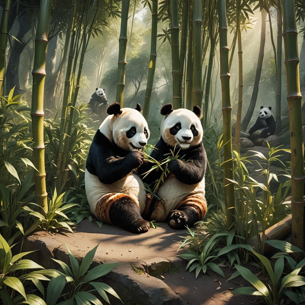 Cute Panda Surrounded by Zoo Visitors in Vibrant Fantasy Art