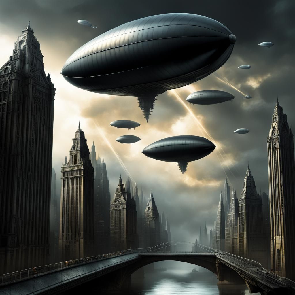 Futuristic Dark City with Zeppelins in Metallic Style