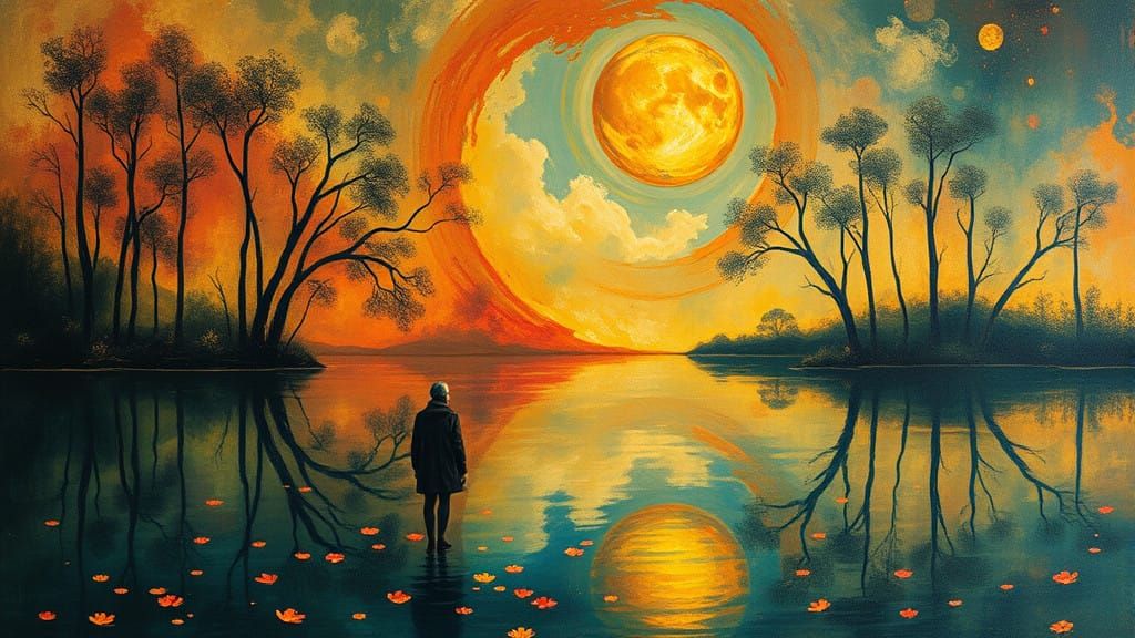 Dreamlike Metaphysical Portrait in Vibrant Lake Scene