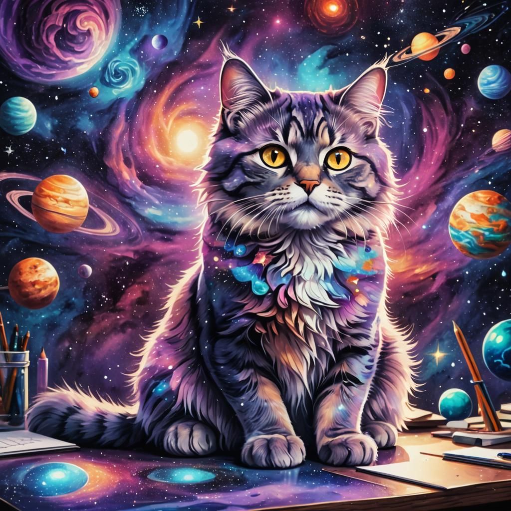 Cosmic Cat Classroom: Holographic Astral Illustration