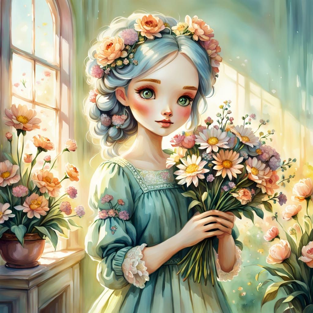 Whimsical Dolly Girl in Soft Focus Watercolor