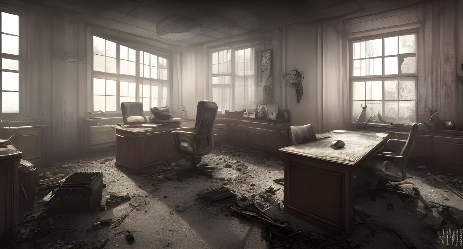 Dark Post-Apocalyptic Office in Hyper-Realistic Style