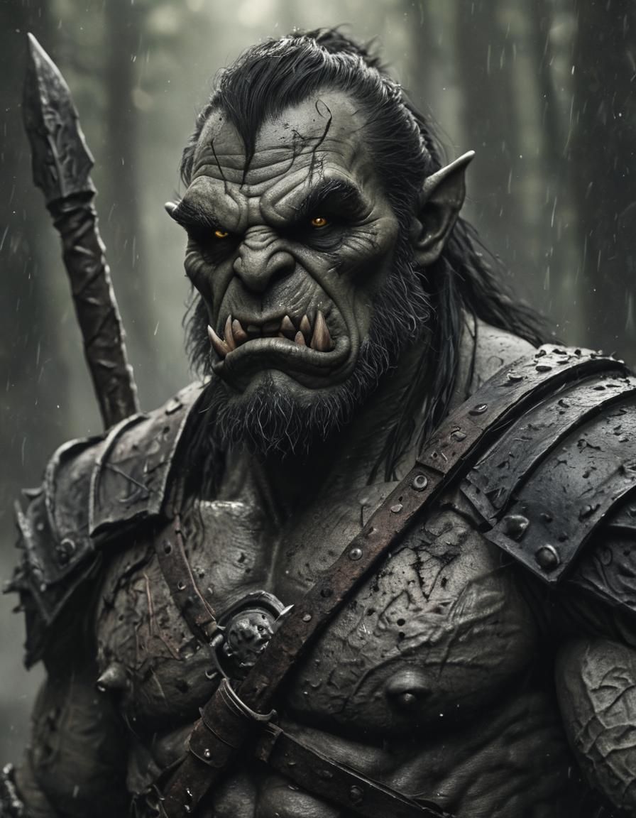 orc general, blackened by the creation of evil,
horror styled bokeh, wet washed color graded, charcoal drawn fused with ...