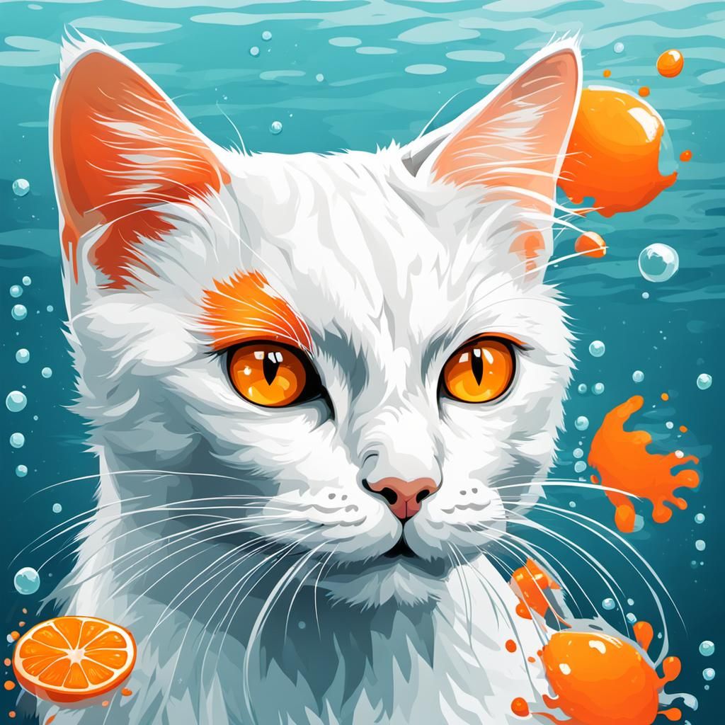 White Cat with Orange Paws in Aquatic Style