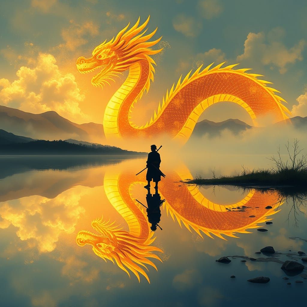 Samurai on Serene Lake with Golden Light Dragon