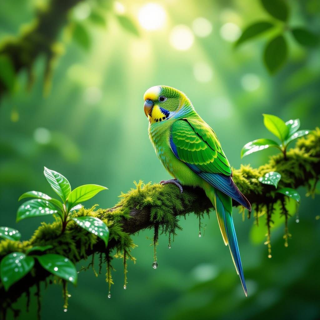 Vibrant Parakeet in Rainforest Sunlight