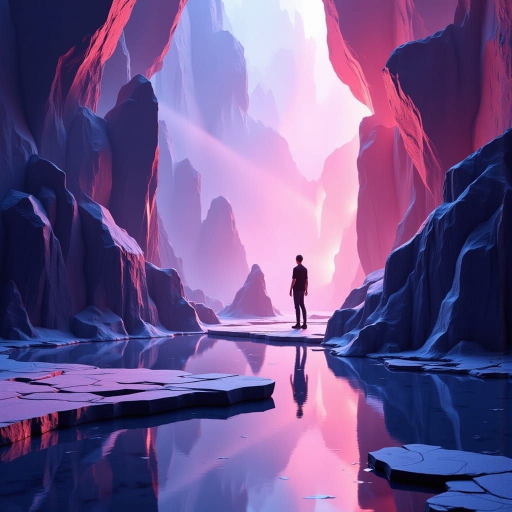 Solitary Figure in Dreamlike Minimalist Space