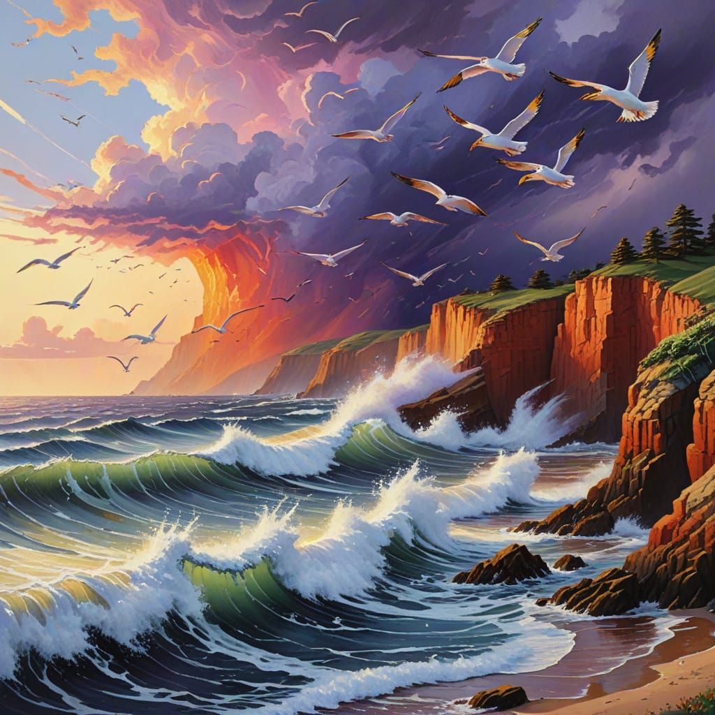 Vibrant Stormy Seascape in Gouache