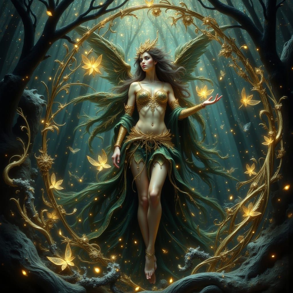 Elegant Art Nouveau Elf Sorceress in Shadowed Landscape