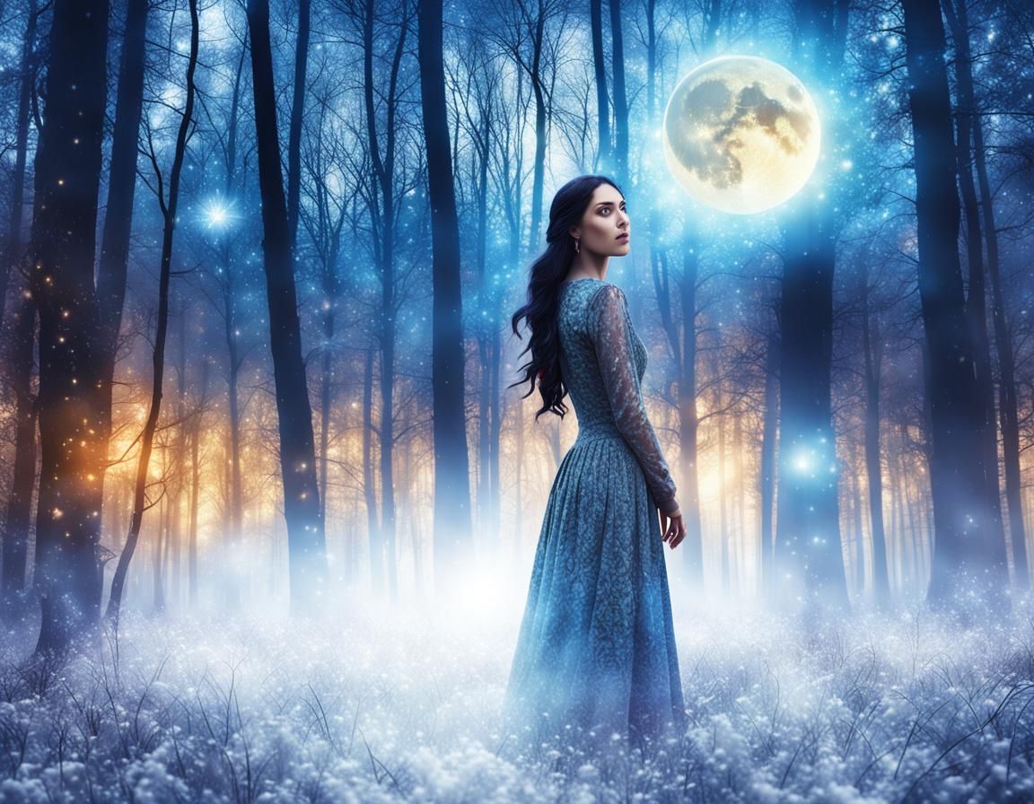 Surreal Forest Clearing with Sun, Moon, and Dark-Haired Woma...