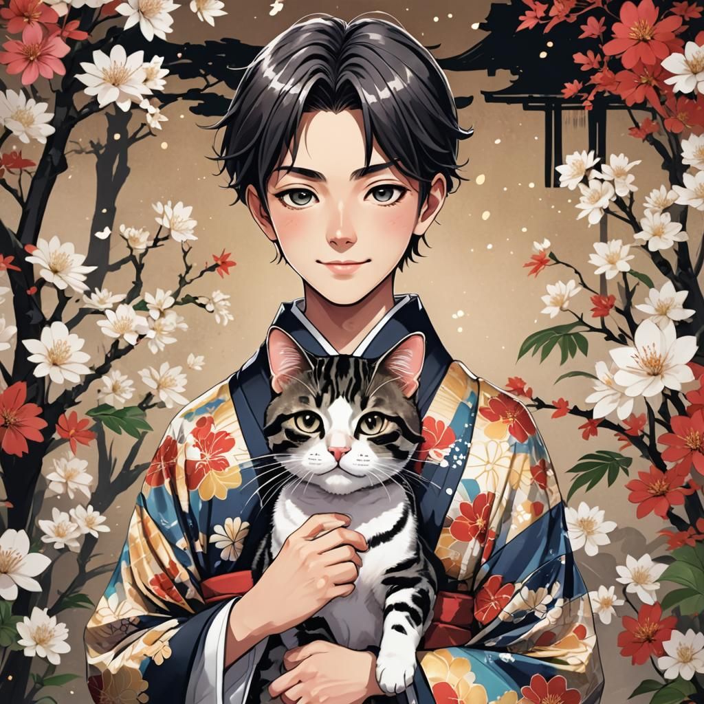 Boy with Cat in Kimono: Manga Anime Style