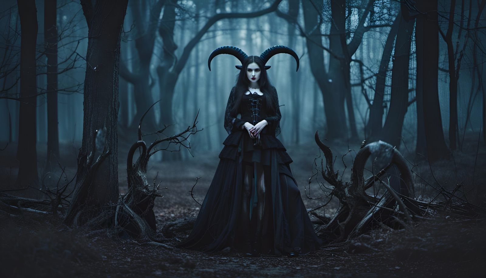 Gothic Vampire Girl in Forest with Baphomet