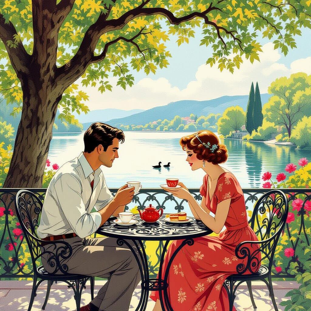 Art Nouveau Garden Scene of Story Lovers