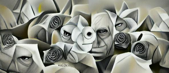 Abstract Surrealist White Roses Charcoal Drawing