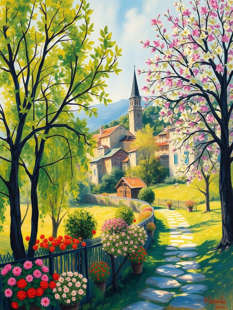 Spring Village in Impressionist Art Nouveau Style