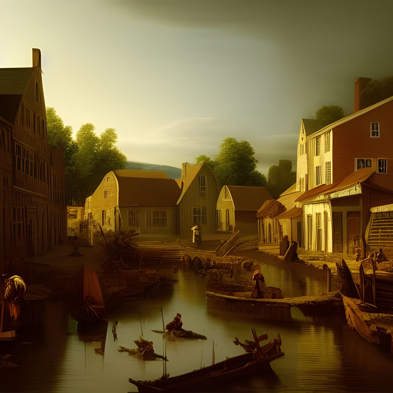 Colonial Fishing Town: Hyperrealistic Oil Painting