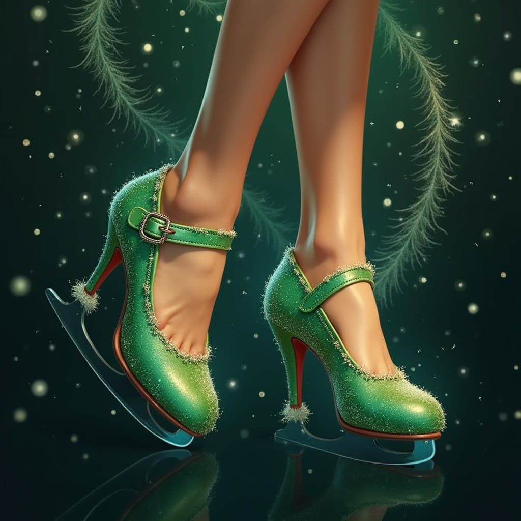 Woman's Feet in Whimsical Ice Skates on Velvet Night Sky