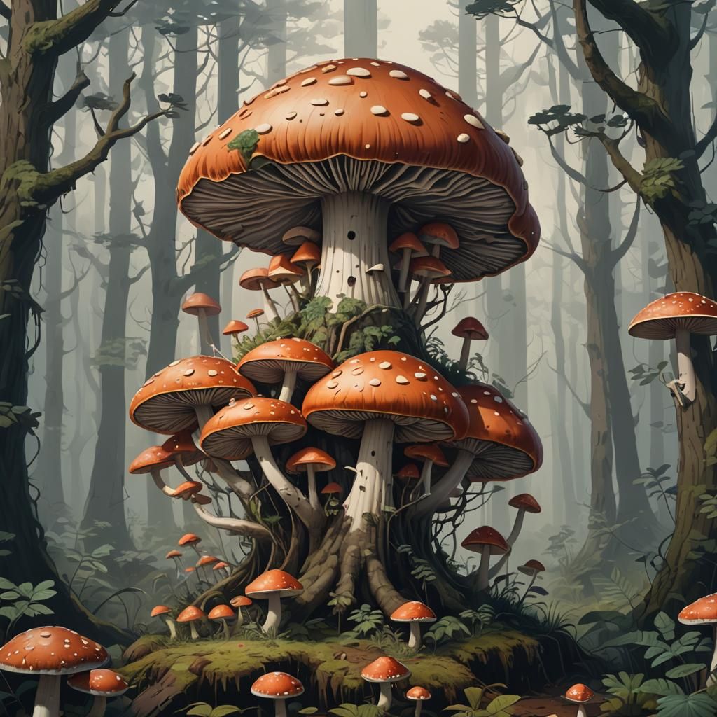 Giant Multibranched Mushroom in Gloomy Forest Illustration