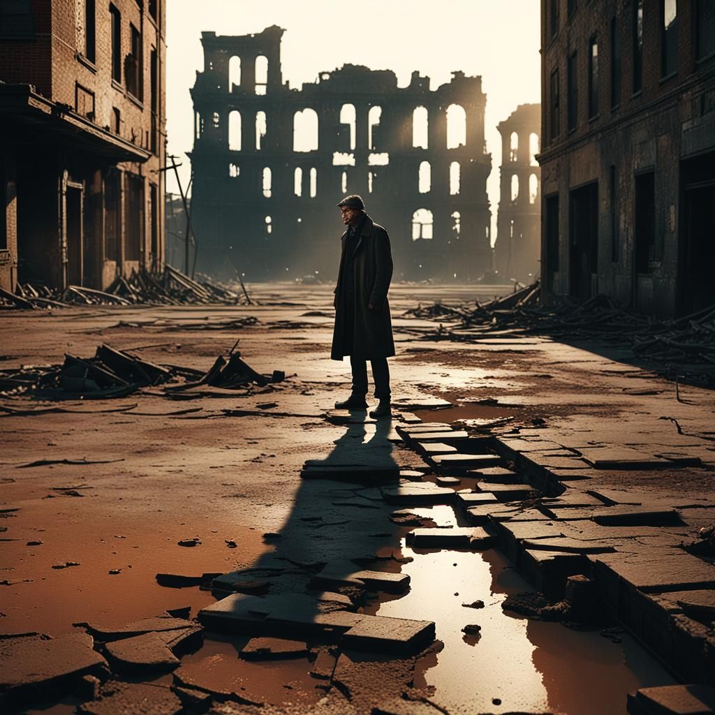 Desolate Cityscape at Golden Hour in Cinematic Style