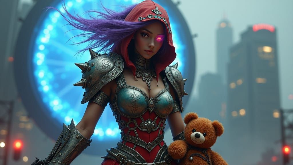 Steampunk Heroine in Stormy Brooklyn with Laser Gun