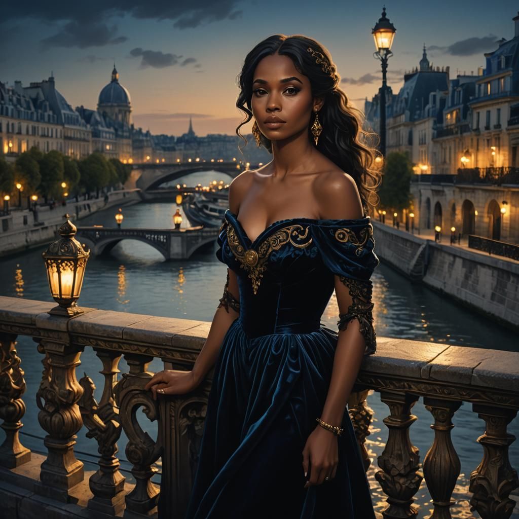 Colombian Woman in Black Gown Overlooking Paris in Baroque S...