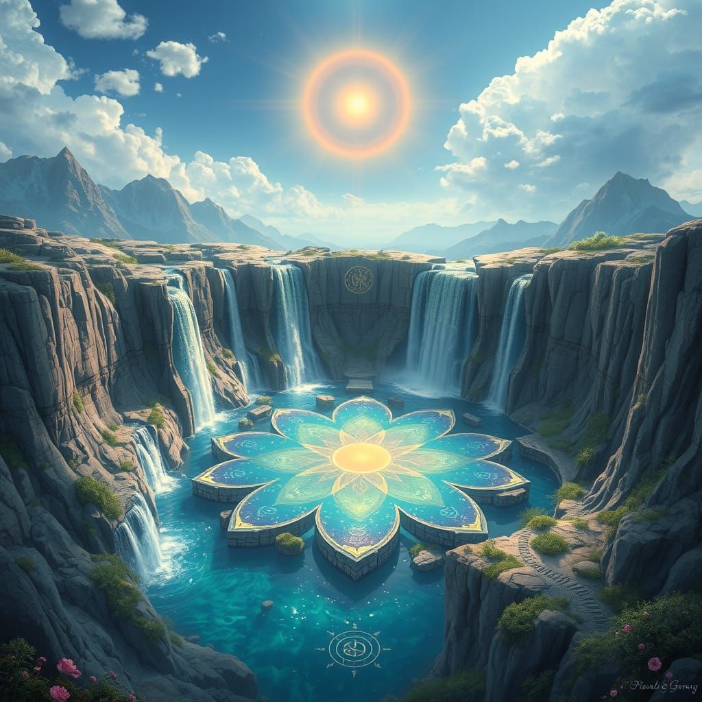 Ethereal Mountaintop Sanctuary with Rainbow Halo