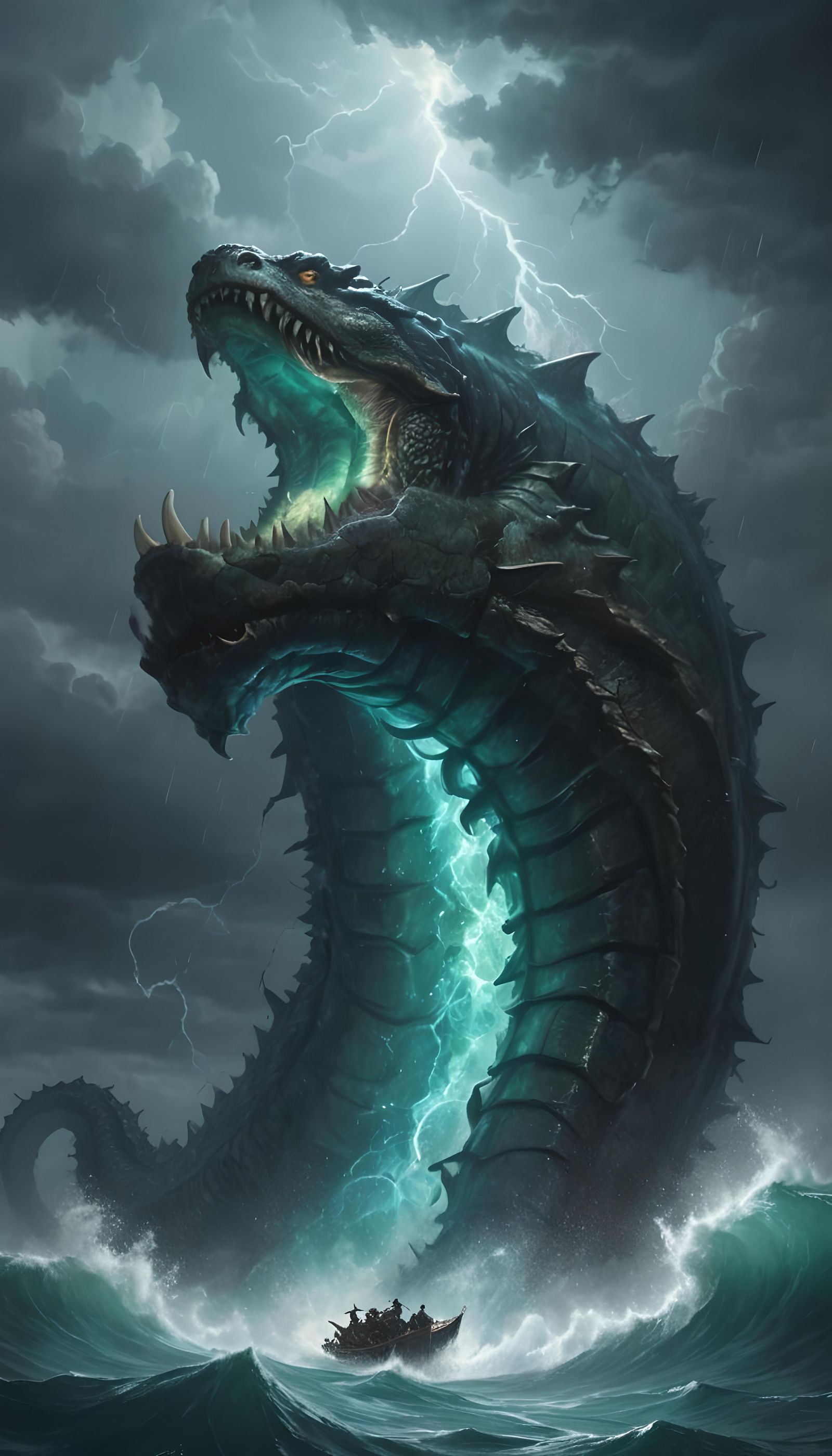 Gigantic Armored Sea Serpent Emerges from Storm