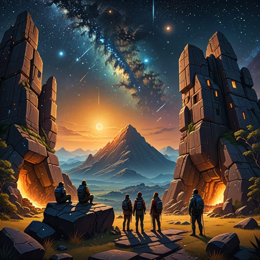 Prehistoric Astronomers Stargazing: A Vibrant Oil Painting