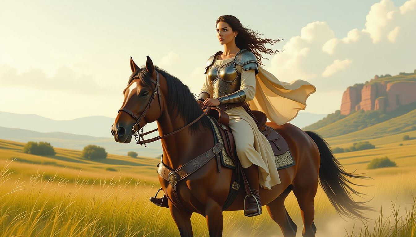 Woman in Leather and Linen Rides Horse Through Lush Landscap...