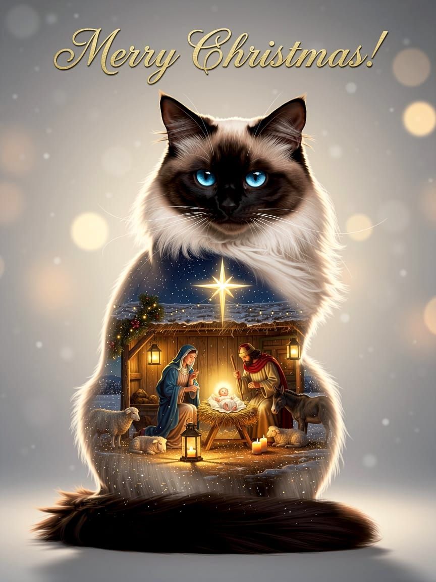 Elegant Siamese Cat Double Exposure with Nativity Scene