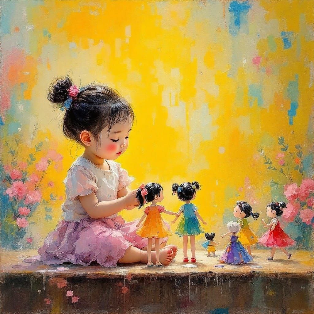 Young Asian Child Plays with Paper Dolls in Vibrant Neo-Impr...