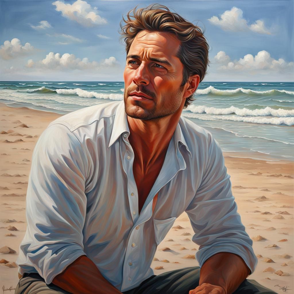 Hyperrealistic Oil Painting of Man on Beach