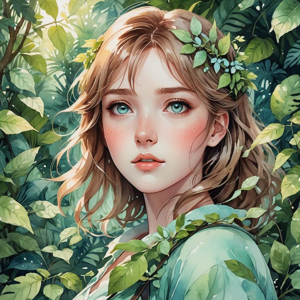 Anime Portrait of Girl with Mint Eyes in Jungle