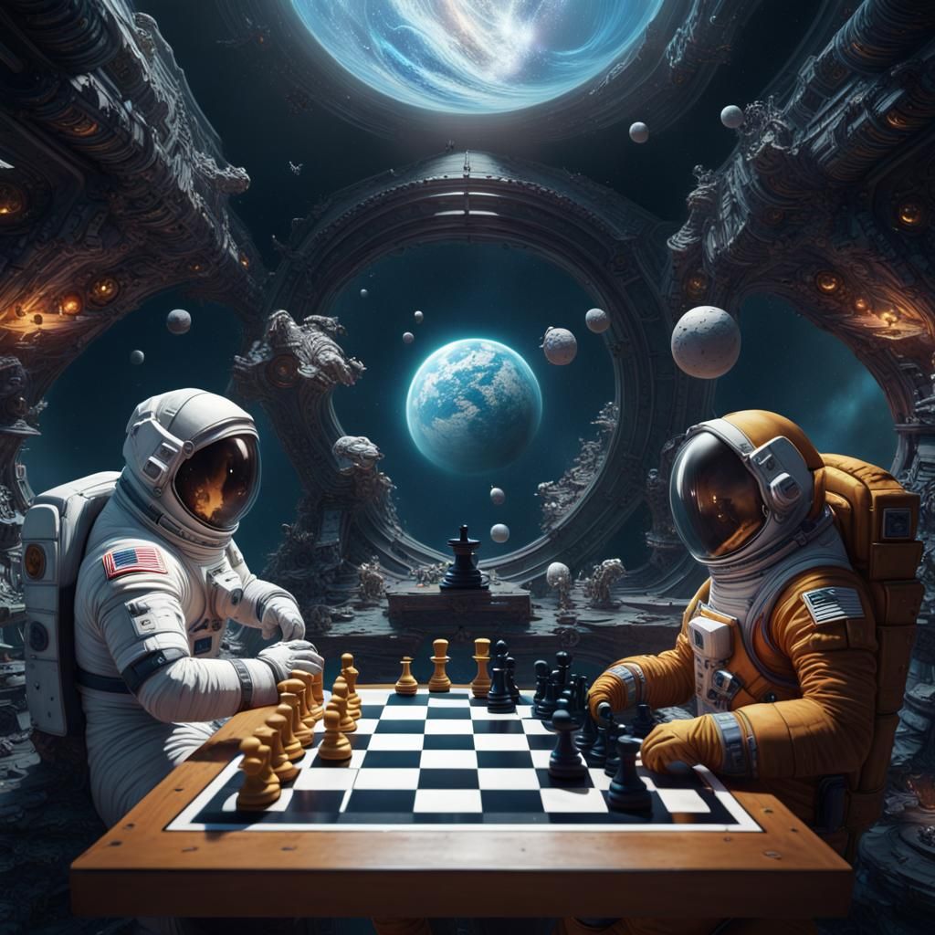 Astronaut Chess Game in Space: Detailed Concept Art