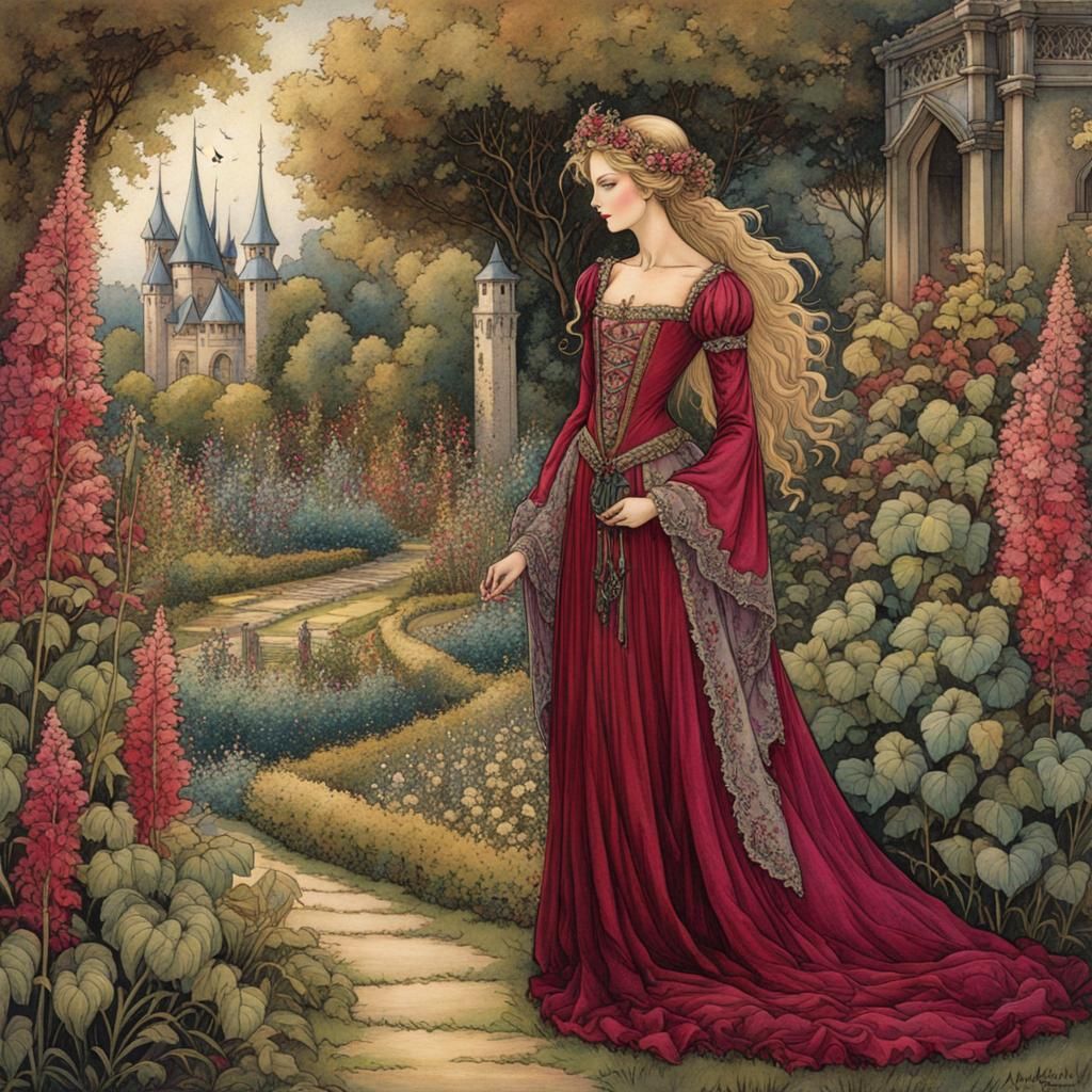 Medieval Maiden in Amaranth Garden: Arthur Rackham Style