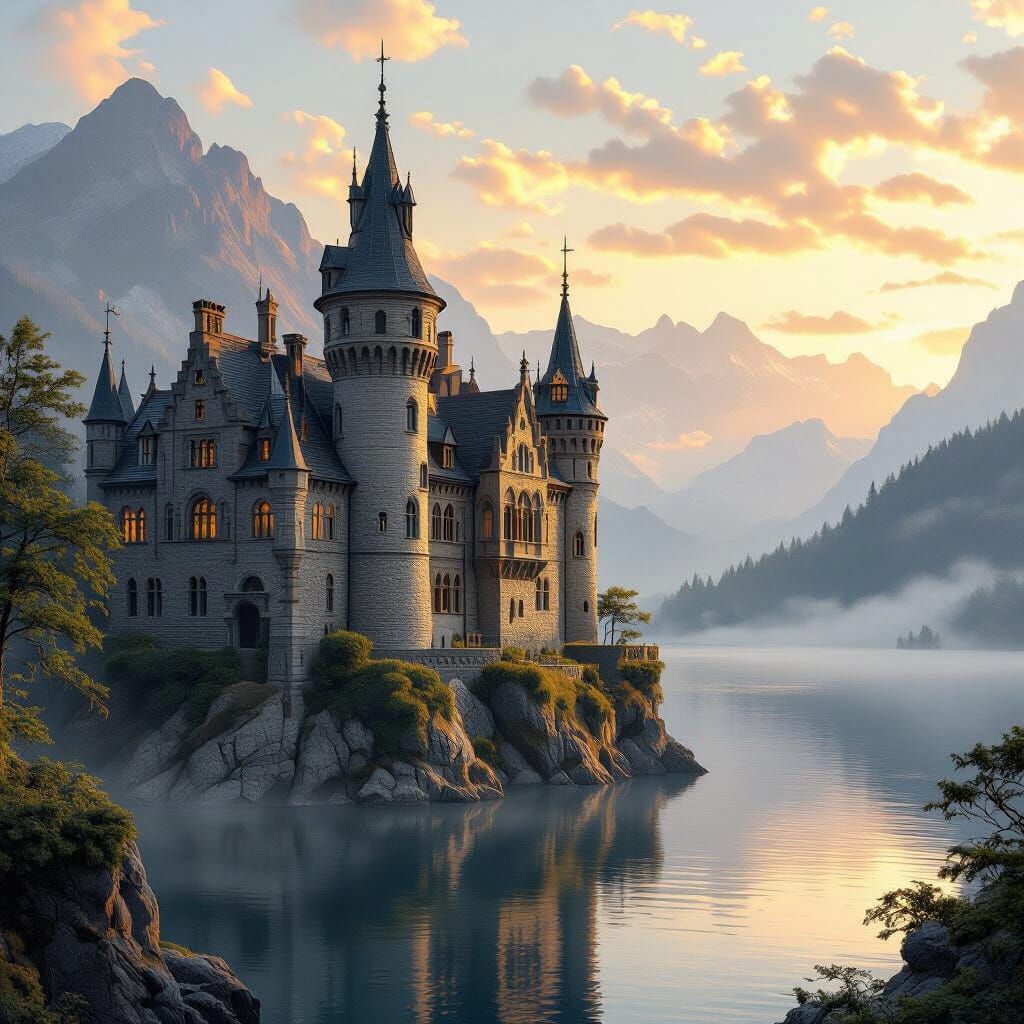Majestic Castle Overlooking Misty Lake: Digital Painting