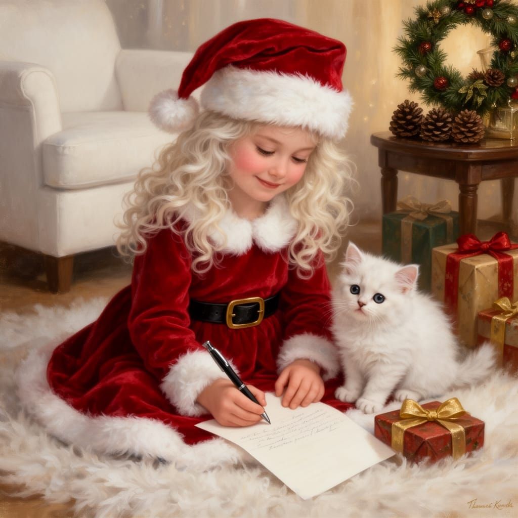 Girl in Santa Hat Writes Letter with Kitten