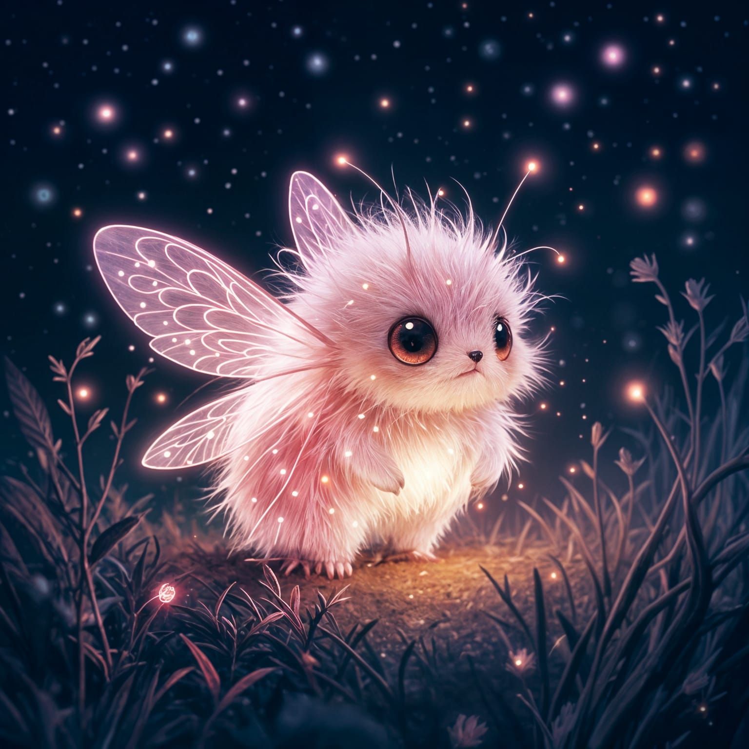 Fluffy Mystic Creature Glowing Pink Against Dark Background