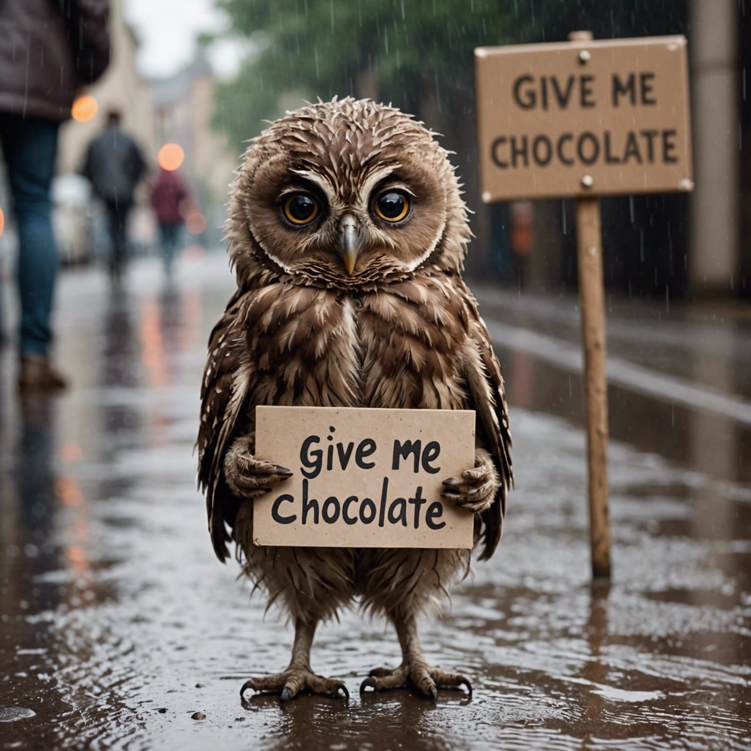 Crying Owlet Begs for Chocolate in the Rain
