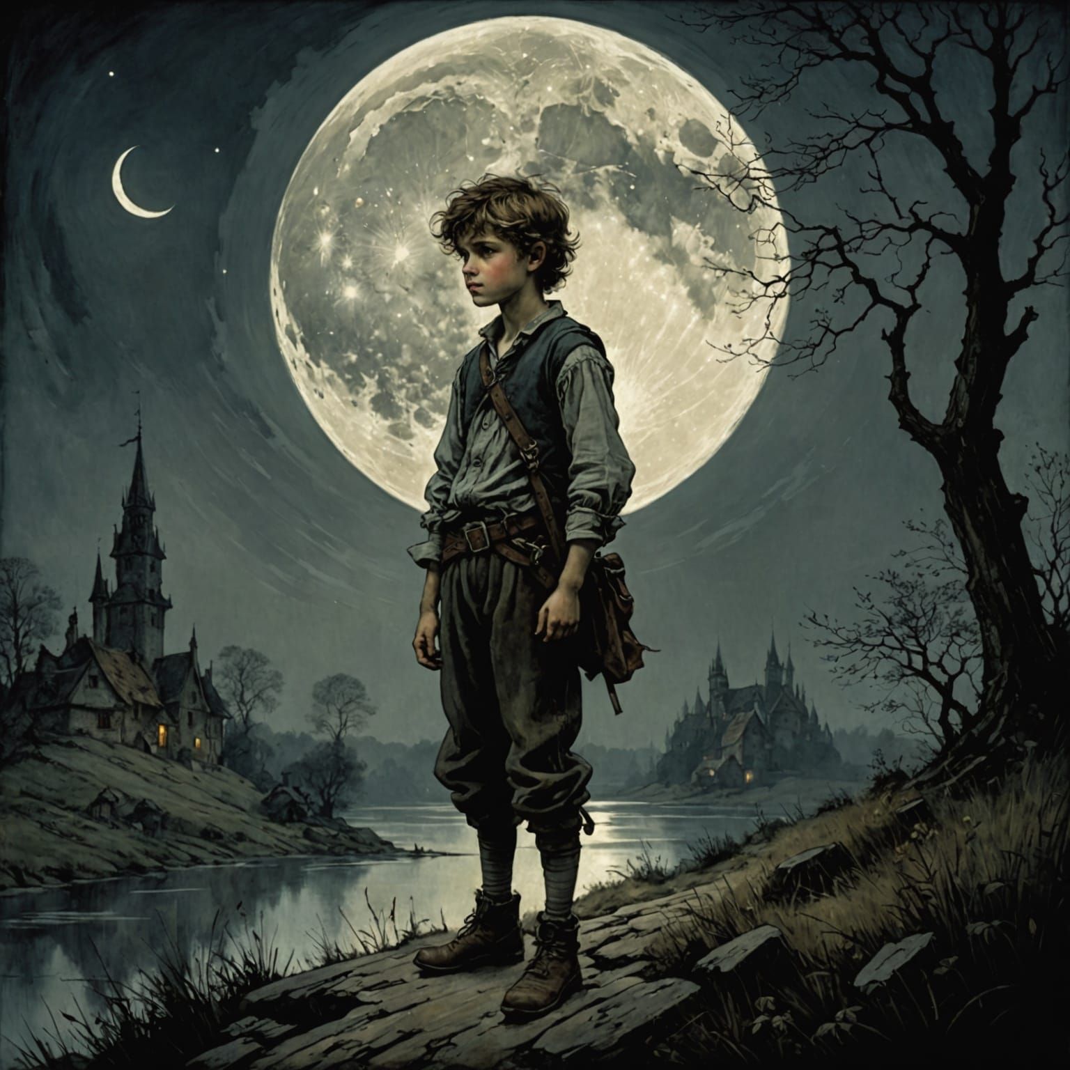 Surreal Moonlit Scene of a Boy by a Lake in Chiaroscuro Styl...