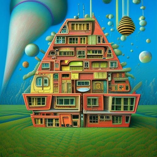 Surreal House with Spacemen in Abstract Style