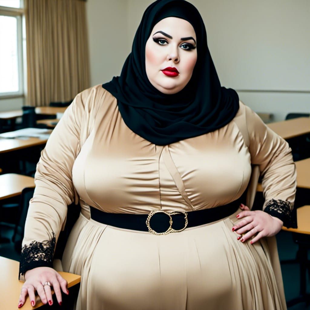 Plus-Size Woman in Niqab: Hyperrealistic Classroom Portrait