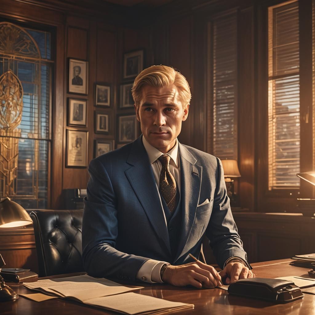 Executive in Art Deco Office at Golden Hour