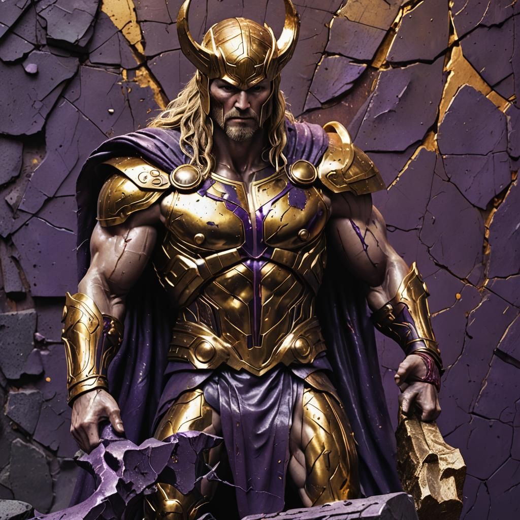 Golden Thor Statue with Purple Blood: Fantasy Art