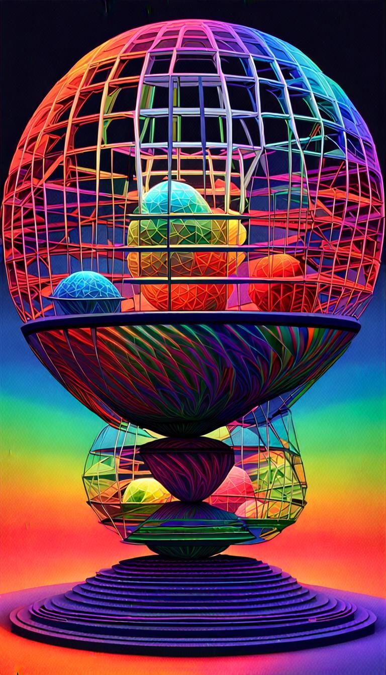 Abstract Op-Art Spherical Cage in Prismatic Neon