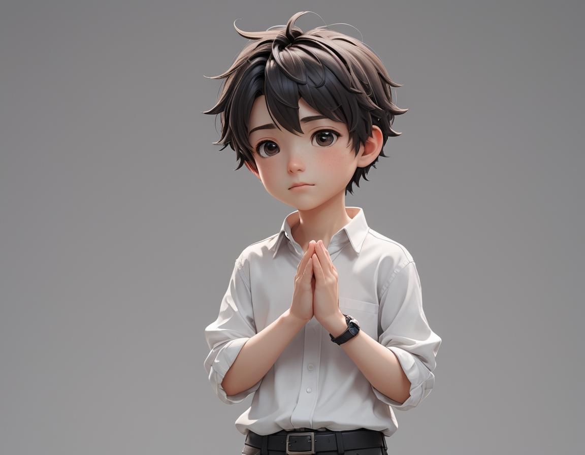 3D Cartoon of a Boy Praying in Anime Style