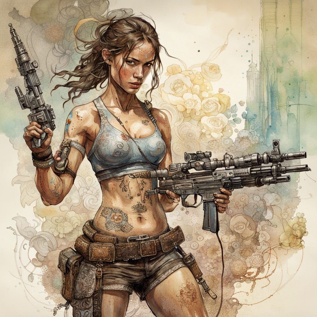 Lara Croft in a bathing suit holding a machine gun, mark zuckerberg as a muay Thai fighter, by Jean-Baptiste Monge and N...